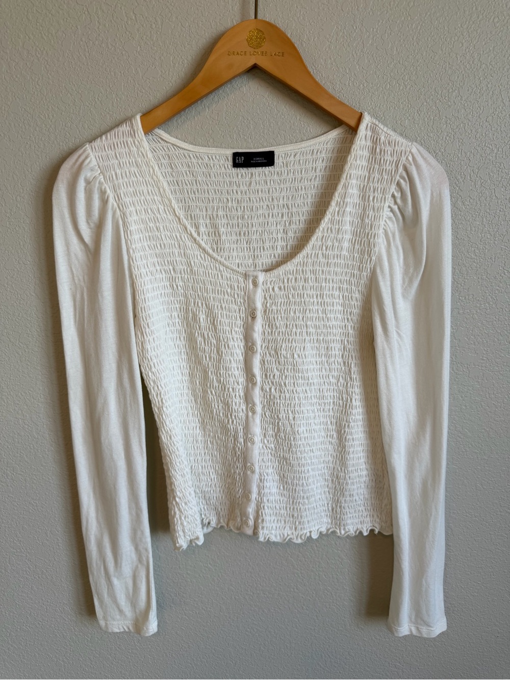 GAP White Smocked Button-Front Long Sleeve Top